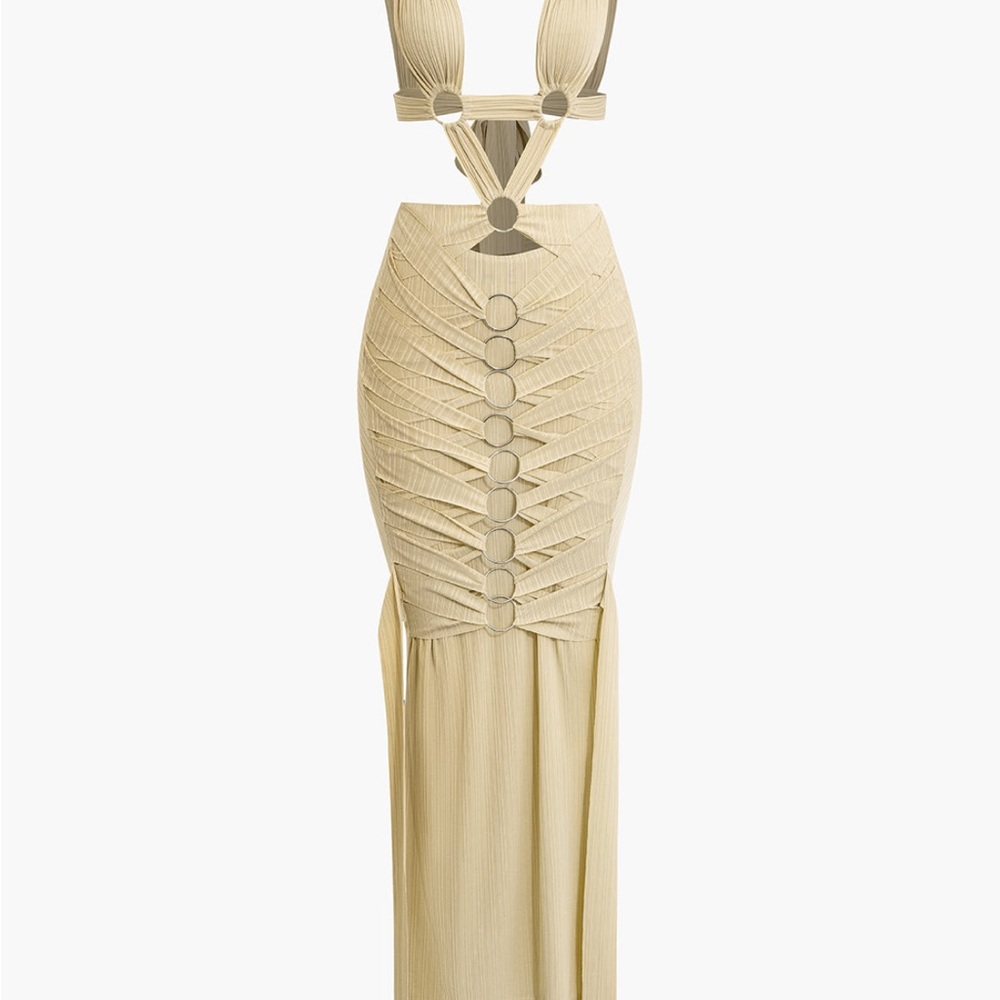 Cream Ruched Halter Bodycon Cocktail Dress